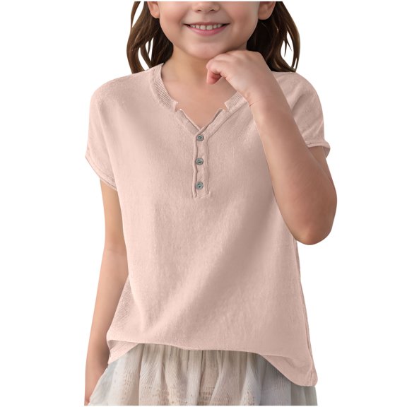 LIaqionyy Girls Tops Casual Knitted Shirts Short Sleeve Basic Solid Color Loose Comfy Button Sweaters