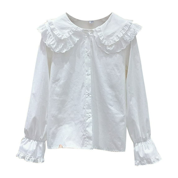LIaqionyy Girls White Dress Shirts School Uniform Collared Ruffle Button down Blouse Kids Long Sleeve Cotton Loose Soft Tops