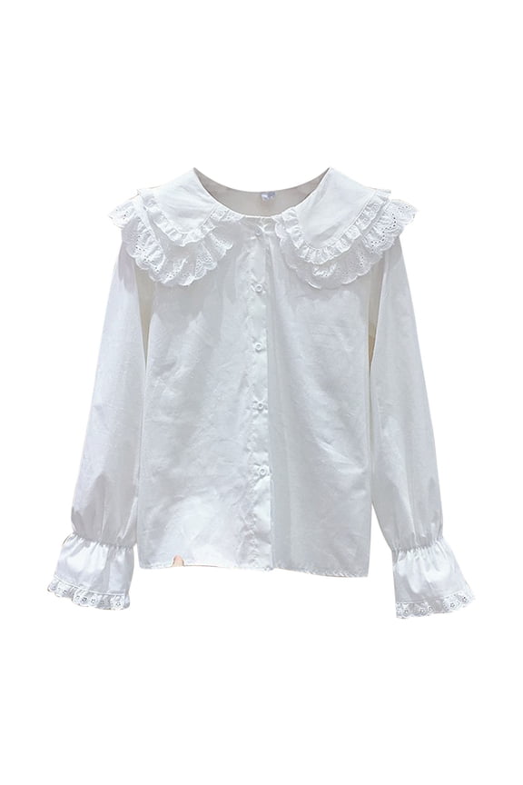 Girls White Dress Shirts School Uniform Collared Ruffle Button down Blouse Kids Long Sleeve Cotton Loose Soft Tops