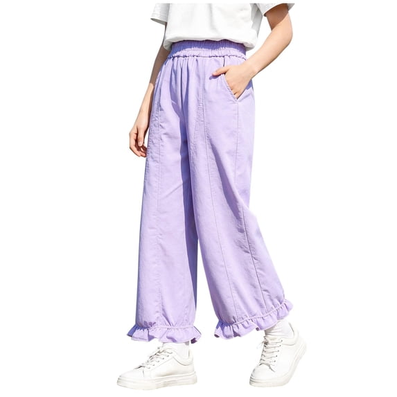 LIaqionyy Girls Wide Leg Pants Kids Ruffle Elastic Waisted Flowy Casual School Uniform Trousers with Pockets