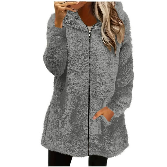 LIaqionyy Hoodie Sherpa Jacket for Women Fleece Zip up Jackets Oversized Casual Coats with Pockets Warm Winter Coat