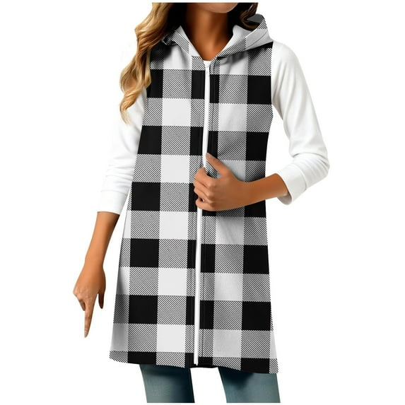 LIaqionyy Women's Fall Plaid Vest Tops Sleeveless Zip up Long Hoodie Casual Fashion Jackets Shacket Shirt