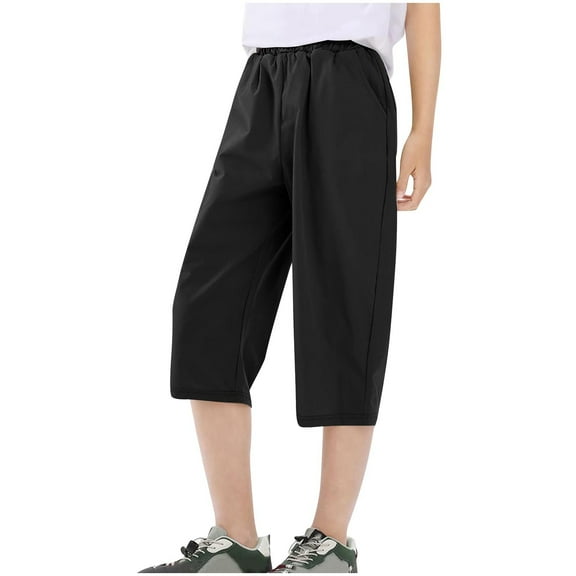 LIaqionyy Kids Capri Pants Loose Wide Leg Elastic Waist Casual Lounge Cropped Pants with Pockets