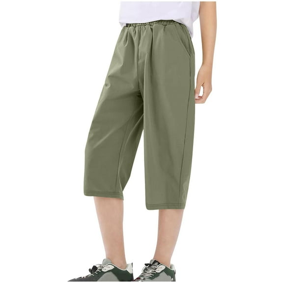 LIaqionyy Kids Capri Pants Loose Wide Leg Elastic Waist Casual Lounge Cropped Pants with Pockets