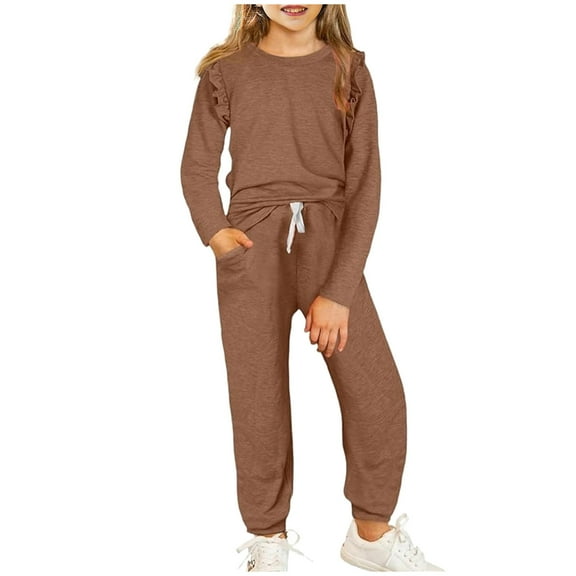 LIaqionyy Kids Girls Clothes Stylish Ruffled Pullover Tops and Pants with Pockets Sweatsuit 2 Piece Outfits