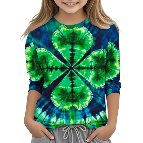 LIaqionyy Kids Green Shamrock T-Shirts Casual 3/4 Sleeve Crewneck Pullover Tops 2025 Trendy Loose Tees