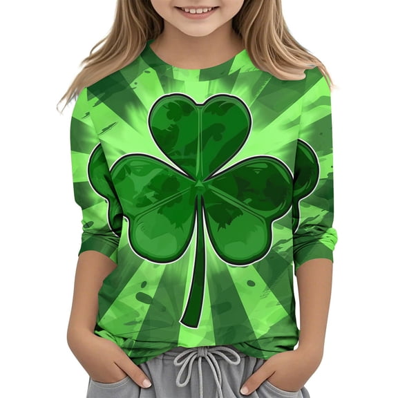 LIaqionyy Kids Green Shamrock T-Shirts Casual 3/4 Sleeve Crewneck Pullover Tops 2025 Trendy Loose Tees