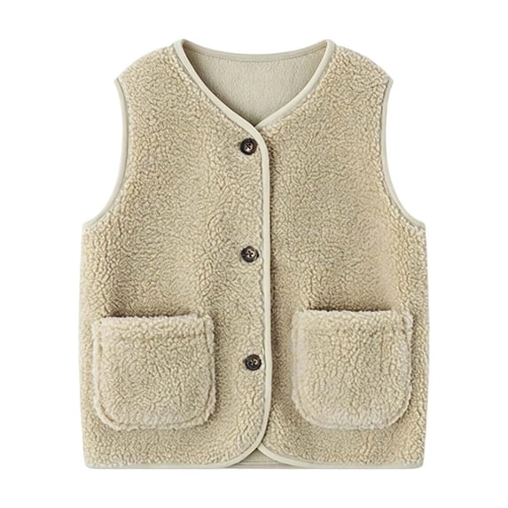 LIaqionyy Kids Sherpa Fleece Vest Lightweight Boys Girls Sleeveless Button down Waistcoat Outerwear with Pocket