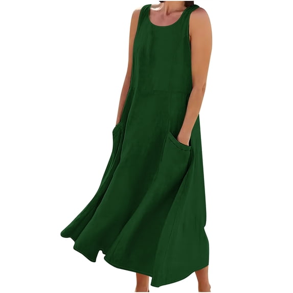 LIaqionyy Linen Sundresses for Women Casual Sleeveless Tank Dress Solid Color Beach Maxi Dress with Pockets