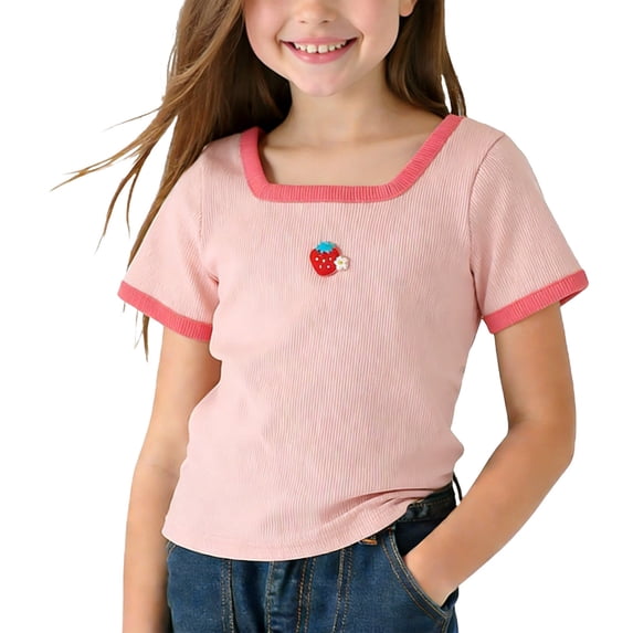 LIaqionyy Little Girls' Short Sleeve Shirts Kids Crew Neck Ribbed Knit Tees Slim Summer Basic Cute Tops