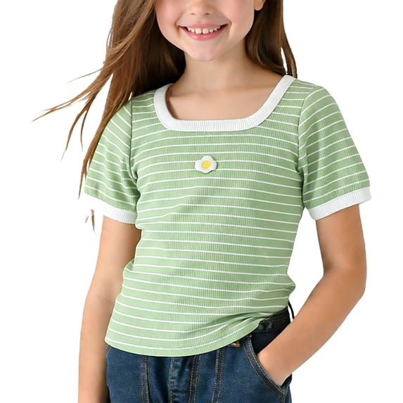 LIaqionyy Little Girls' Short Sleeve Shirts Kids Crew Neck Ribbed Knit Tees Slim Summer Basic Cute Tops
