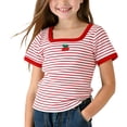 thumbnail image 1 of LIaqionyy Little Girls' Short Sleeve Shirts Kids Crew Neck Ribbed Knit Tees Slim Summer Basic Cute Tops, 1 of 5
