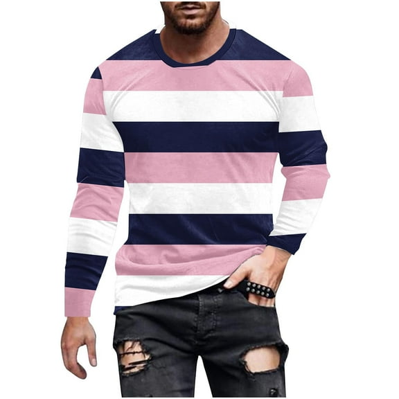 LIaqionyy Men's Big and Tall Long Sleeve Striped Shirts Crew Neck Basic Blouse Casual Color Block Work Tee Tops