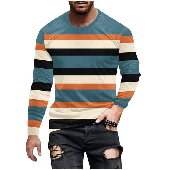 LIaqionyy Men's Big and Tall Striped Shirts Crewneck Casual Long Sleeve Basic T Shirt Color Block Tee Work Blouse Tops