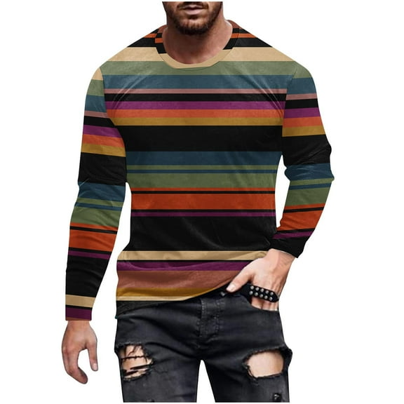 LIaqionyy Men's Big and Tall Striped Shirts Crewneck Casual Long Sleeve Basic T Shirt Color Block Tee Work Blouse Tops