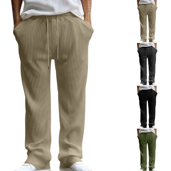 LIaqionyy Men's Corduroy Pants Straight Leg Casual Loose Drawstring Elastic Waist Fall Winter Clothes with Pockets