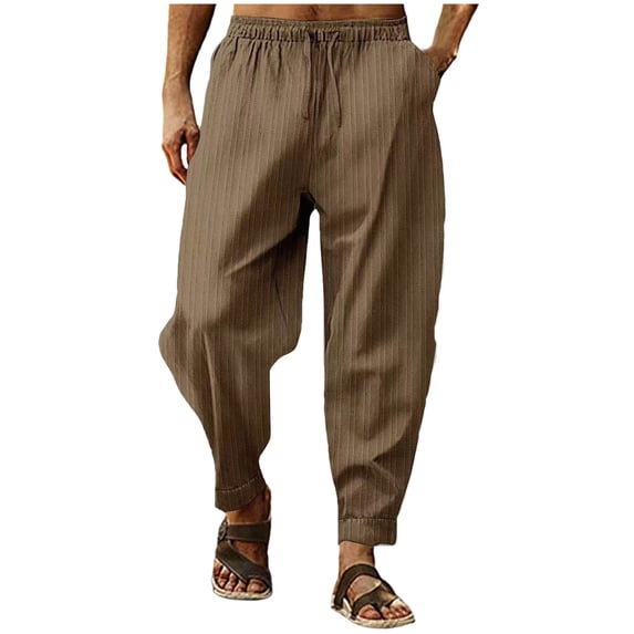 LIaqionyy Men's Cotton Linen Pants Drawstring Casual Loose Pant Elastic Waist Trousers with Pockets S-3XL