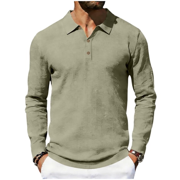 LIaqionyy Men's Cotton Linen Shirts Long Sleeve Golf Tops Casual Fall Classic Lightweight Business Tees Shirt