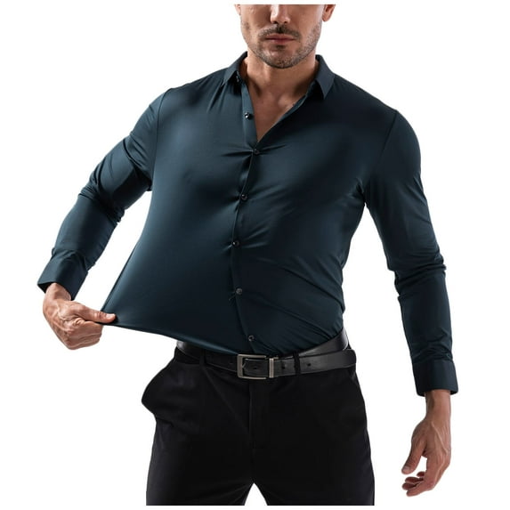 LIaqionyy Men's Dress Shirts Stretch Formal Collared Shirt Solid Color Long Sleeve Business Casual Button Down Tops