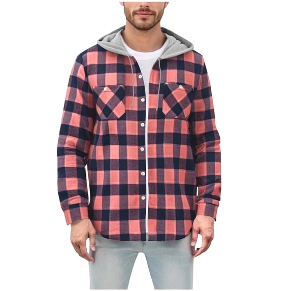 LIaqionyy Men's Hoodie Shirt Button down Plaid Jacket Long Sleeve Shacket Casual Shirts with Pockets