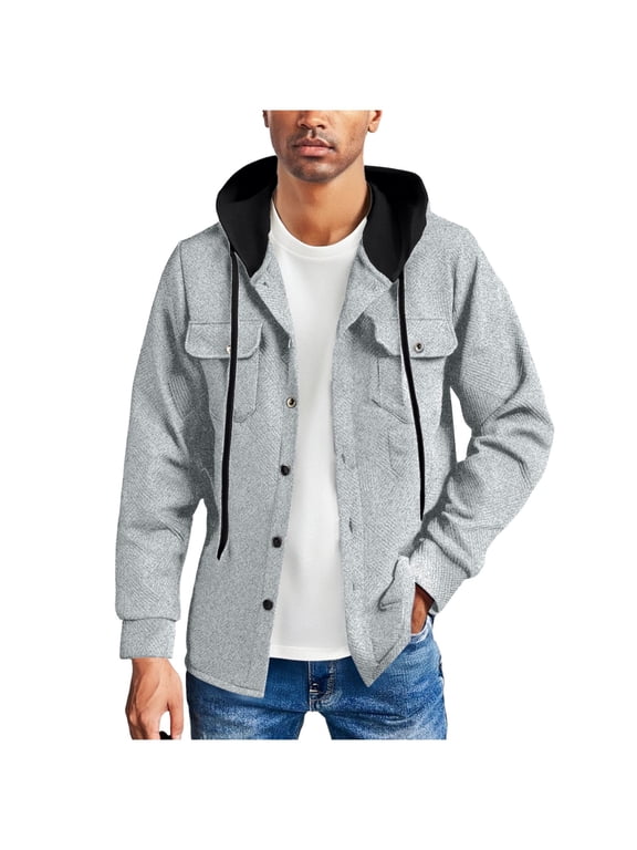 Men's Jacket Long Sleeve Button down Jackets Hoodie Shacket Casual Fall Winter Work Tops with Pocket