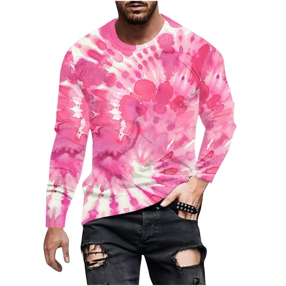 LIaqionyy Men's Long Sleeve Tie Dye Tops Casual Long Sleeve Round Neck Slim Stretch Breathable Clothes