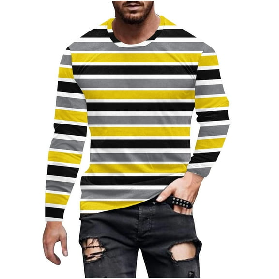 LIaqionyy Men's Striped Shirts Crewneck Casual Long Sleeve Basic T Shirt Color Block Tee Work Blouse Tops