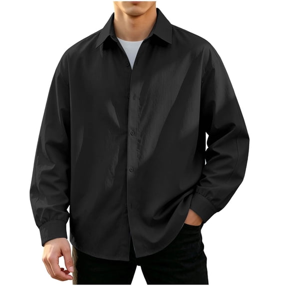 LIaqionyy Mens Button down Shirt Casual Loose Long Sleeve Collared Shirts Solid Color Wedding Prom Business Tops