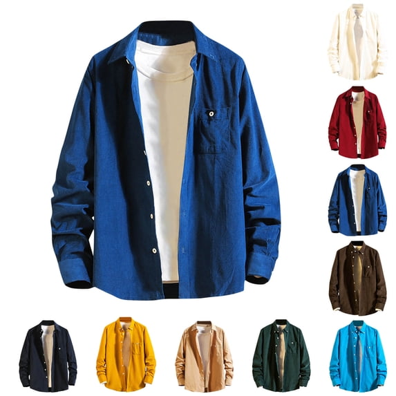 LIaqionyy Mens Corduroy Long Sleeve Button down Shirt Loose Casual Shacket Lightweight Shirts Tops with Pockets