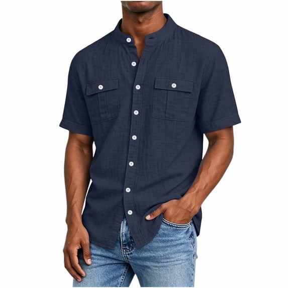 LIaqionyy Mens Cotton Linen Button down Shirts Casual Callarless Short Sleeve Shirt Summer Beach Tops with Pocket