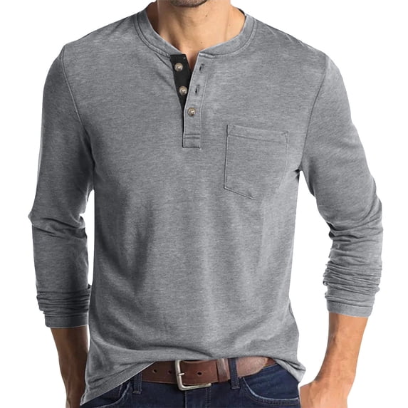 LIaqionyy Mens Cotton Tops Long Sleeve Button Casual Basic Plain T-Shirt with Pocket Classic Lightweight Sport Work Clothes