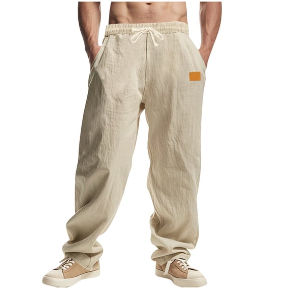 LIaqionyy Mens Pants Cotton Linen Elastic Waist Straight Legs Drawstring Loose Pant Baggy Trousers with Pockets