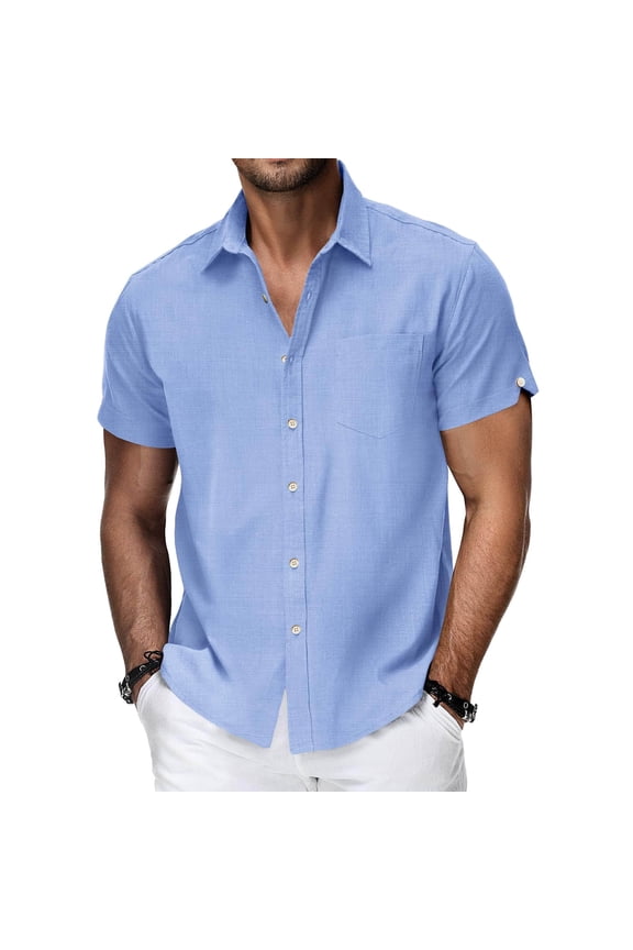 Mens Short Sleeve Button up Cotton Linen Shirts Casual Beach Vacation Summer Tops with Pocket