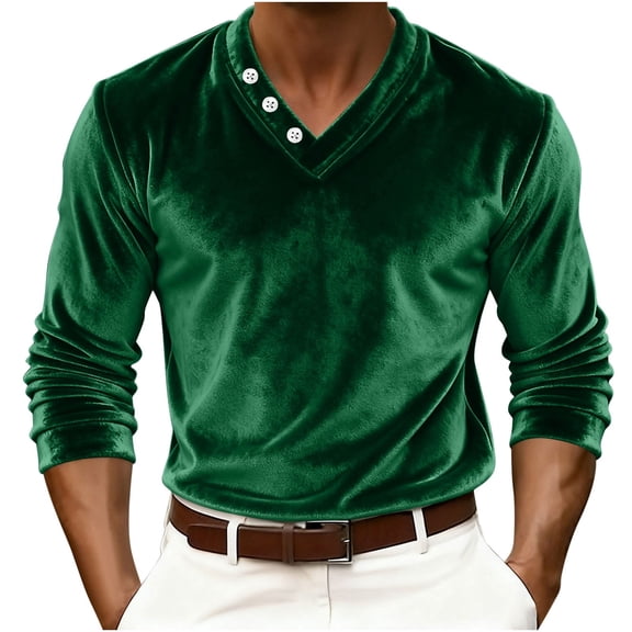 LIaqionyy Mens Velvet Long Sleeve Casual Shirts V Neck Work Office Business Wedding Party Dress Shirt