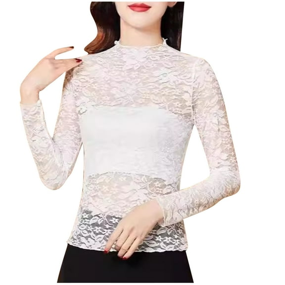 LIaqionyy Mesh Tops for Women's Plus Size Long Sleeve Crew Neck Undershirt Casual Shirts Fashion Clothes