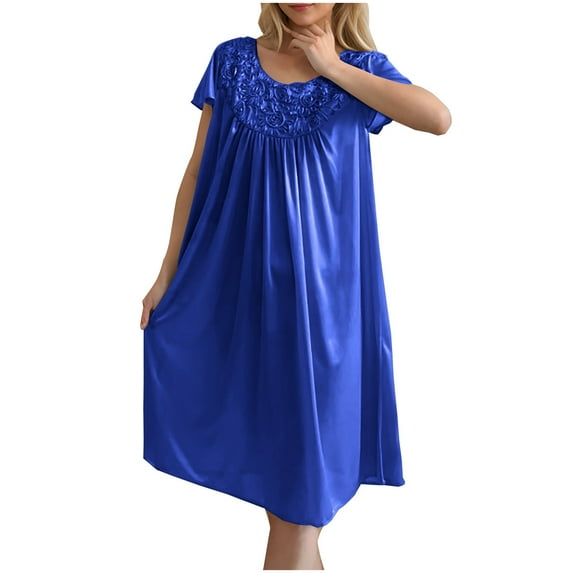 LIaqionyy Nightgowns for Women Midi Dresses Soft Knee-Length Pajamas Dress Comfy Crewneck Short Sleeves Sleepwear