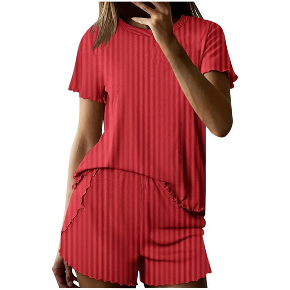 LIaqionyy Pajama Set for Women 2 Piece Short Sleeve Pjs Tops and Shorts Ribbed Knit Soft Sleepwear S-2XL