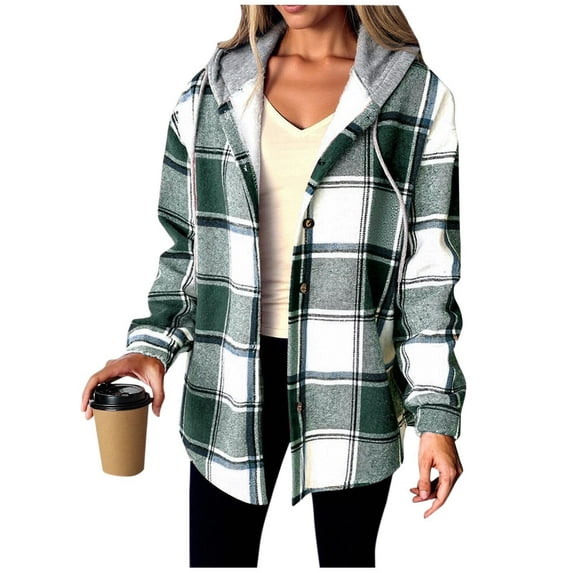 LIaqionyy Womens Jacket Plaid Lightweight Casual Long Sleeve Shacket Fleece Lined Hooded Jackets Warm Coat