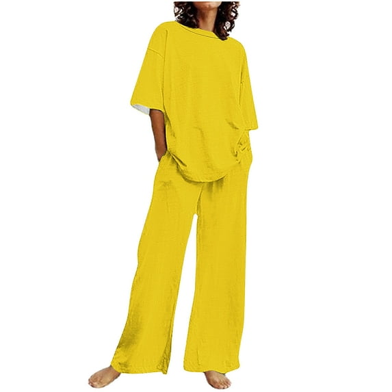 LIaqionyy Plus Size Summer Outfits for Women Cotton Linen 2 Piece Lounge Sets T Shirts Straight Leg Pants Tracksuits