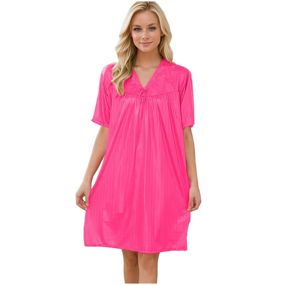 LIaqionyy Satin Nightgowns for Women Short Sleeve Silky Lace V Neck Flowy Nightshirt Lightweight Comfy Loungewear