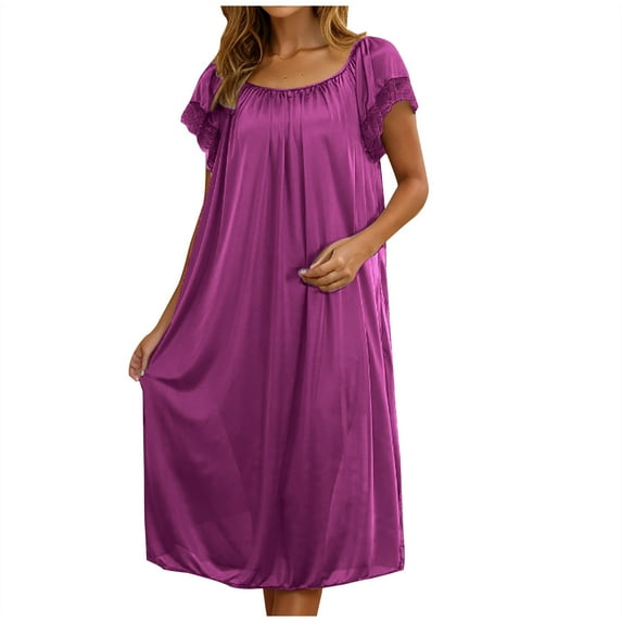 LIaqionyy Satin Nightgowns for Women Soft Breathable Lightweight Nightdress Comfy Crewneck Short Sleeve Loungewear