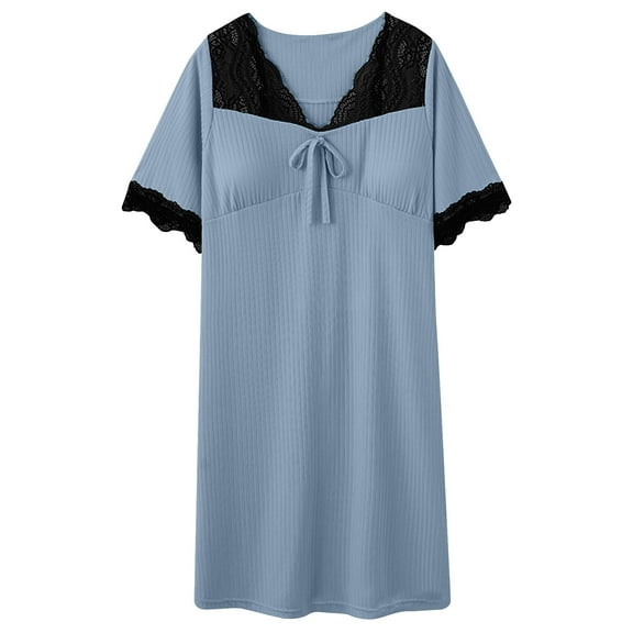 LIaqionyy Short Sleeve Nightgown for Women Sleepwear Comfy Sleepshirts V Neck Color Block Nightshirt