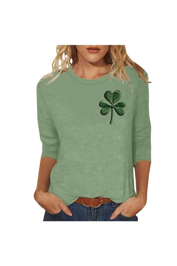 St Patrick's Day Women Shamrock Graphic T-Shirt 3/4 Sleeve Crewneck Loose Casual Festival Tops