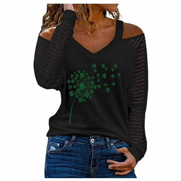 LIaqionyy St Patricks Day Outfits for Women Cold Shoulder Long Sleeve V Neck Pullover Casual Hollowed Out Spring Tops for Women
