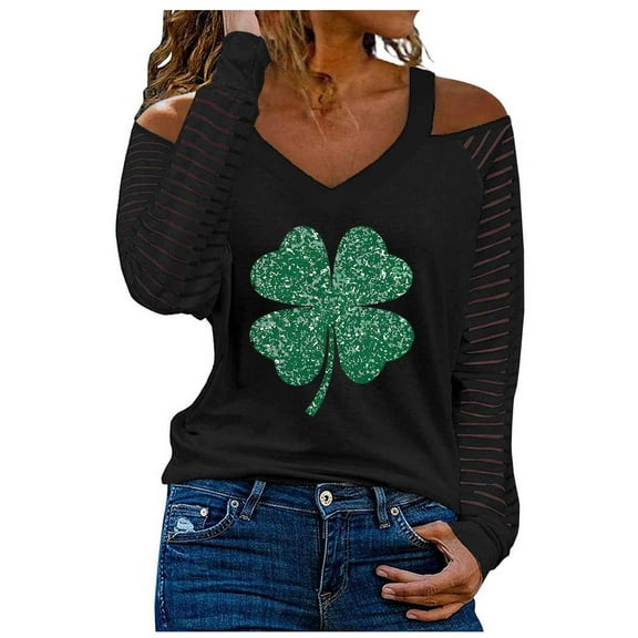 LIaqionyy St Patricks Day Outfits for Women Cold Shoulder Long Sleeve V Neck Pullover Casual Hollowed Out Spring Tops for Women