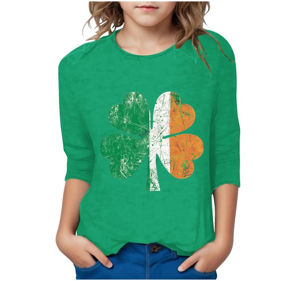 LIaqionyy St Patricks Day Shirt Kids Boys Girls 3/4 Sleeve Crewneck Tshirt Casual Loose Shamrock Tops