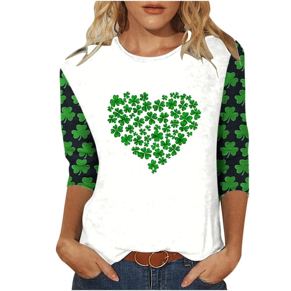 LIaqionyy St Patricks Day Shirt Women Shamrock 3/4 Sleeve Crewneck Graphic Tee Tops Green T Shirts