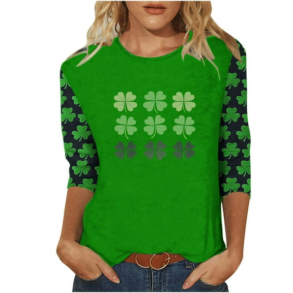 LIaqionyy St Patricks Day Shirt Women Shamrock 3/4 Sleeve Crewneck Graphic Tee Tops Green T Shirts