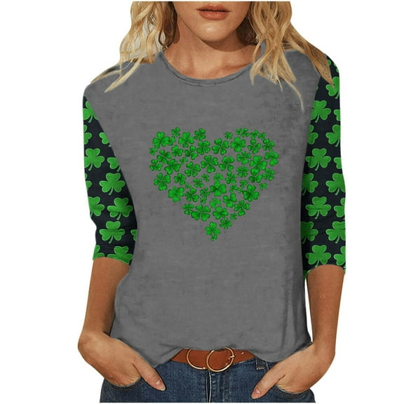LIaqionyy St Patricks Day Shirt Women Shamrock 3/4 Sleeve Crewneck Graphic Tee Tops Green T Shirts