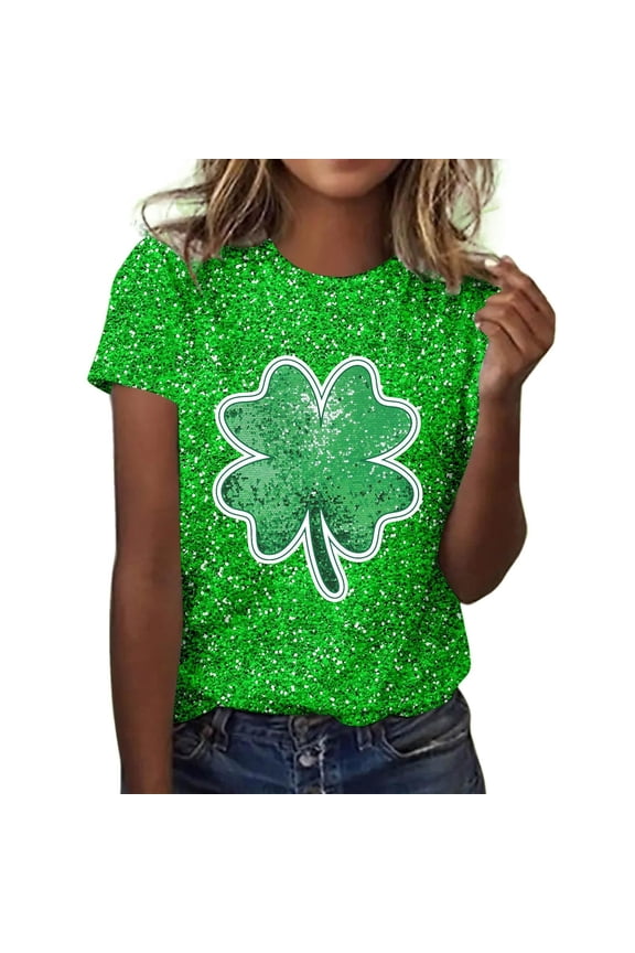 St Patricks Day Shirts for Women 2025 Glitter Shamrock Print Short Sleeve Tops Casual Crewneck Green Tshirt